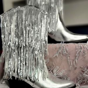 leather-like thick-heeled western pointed booties Black tassels & sequins decora